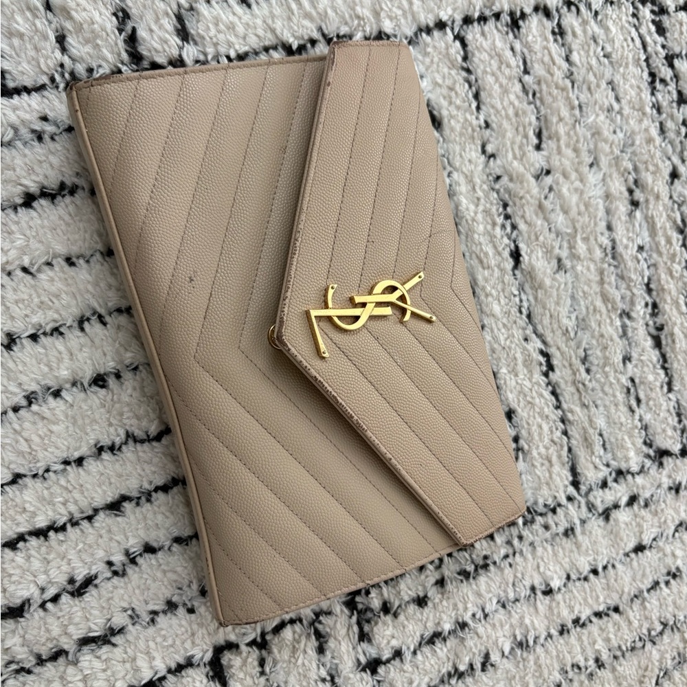 Saint Laurent Cream Textured Clutch with Gold Detail